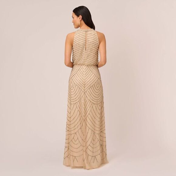 Adrianna Papell Art Deco Beaded Blouson Dress With Halter Neckline In Nude - Picture 1 of 15